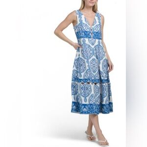 NWT Aylaya Fiji Blue and White Sleeveless linen blend cutout dress - S